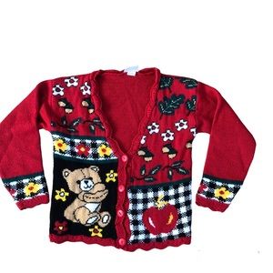 Vintage Red  Teddy Bear Apples  Cardigan